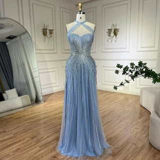 Dubai Azure: 2024 Turquoise Spaghetti Strap A-Line Luxury Beaded Evening Dress - Gown for Women's Wedding Party