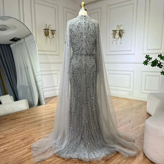 Modest Nude Mermaid Evening Dress with Cape Sleeves - Pearls Beaded Luxury Dubai Gown for 2024 Women's Wedding Party