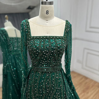 Luxurious Green Beaded Mermaid Evening Gown with Overskirt