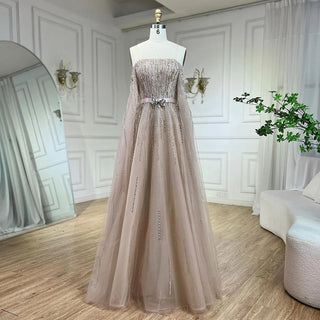 Black A-Line Strapless Evening Dresses 2024 - Cape Sleeves with Luxury Crystal Beading for Women's Party