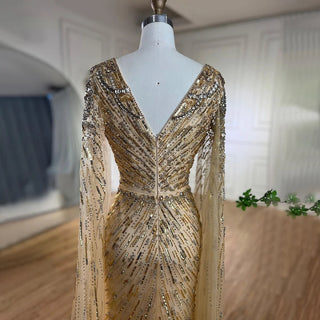 Arabic Turquoise Mermaid Evening Dress 2024 with Beaded Cape Sleeves, Elegant Luxury - Ideal for Women's Wedding Party