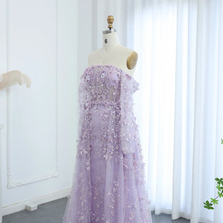 Elegant 3D Flowers Pink Luxury Dubai Evening Dress with Overskirt: Lilac Long Sleeves for Women's Wedding Party