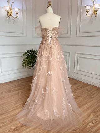 Luxury Feather Pink Dubai Evening Dresses: Elegant Off-Shoulder, Beaded Champagne Formal Dress for Women at Weddings