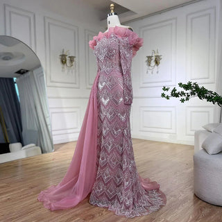 Elegant Arabic Peach Mermaid Evening Gown with Pearl and Beaded Detailing