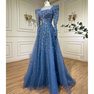 Blue Opulence: 2024 Muslim A-Line Evening Dress with Luxury Beading - Perfect for Women's Parties