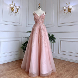 Ships in 1 to 3 Days - 2024 Rose Gold Long A-Line Spaghetti Strap Celebrity Prom Dress: Perfect for Graduation, School Parties, and Beyond