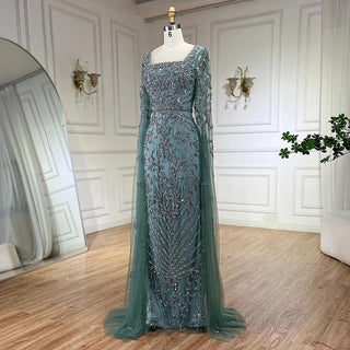 Ships in 1 to 3 Days - Turquoise Beaded Cape Sleeves Mermaid Long Evening Dress: Gowns for Women's Wedding Party