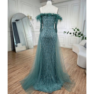 Dubai Caramel Feather Beaded Mermaid Evening Gown: Elegant Cape Sleeves for Women's Wedding Party 2024