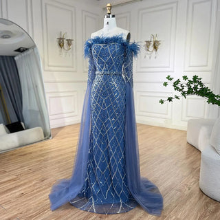 Elegant Cape Sleeves Mermaid Evening Dresses Gowns Luxury Feathers Beaded 2024 For Women Wedding Party