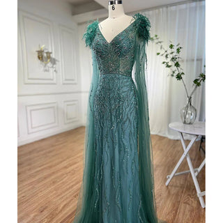 Arabic Blue Mermaid Elegant Cape Sleeves Feather Luxury Beaded Evening Dress - 2024 Collection