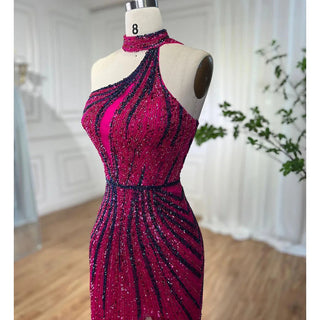 Fuchsia Halter Sleeveless Beaded Mermaid High Split Evening Dress: Party Gown for Women 2024