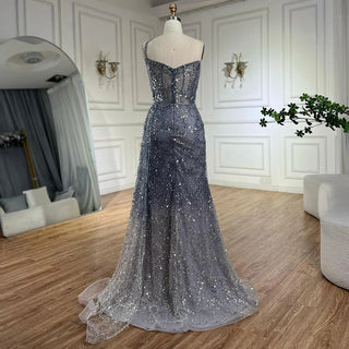 2024 Blue Mermaid Spaghetti Strap High Split Beaded Luxury Evening Dress: Gowns for Women's Wedding Party