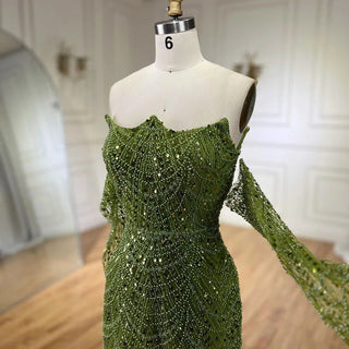 Dubai Arabian Green Luxury Evening Gown 2024 - Strapless Mermaid Dress with Gloves for Women's Wedding Parties