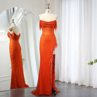 Luxury Crystal Dubai Sage Green Evening Dresses: Orange Arabic High Slit Prom Dress for Women's Wedding Party Elegance