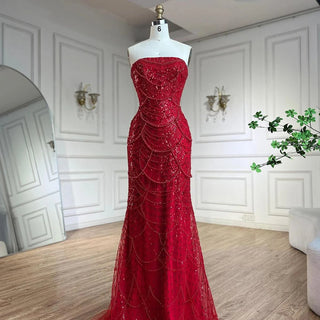 Ships in 1 to 3 Days - Red Long Cape Mermaid Evening Dress with Puff Sleeves, Beaded Overskirt, and Elegant Design for Women's Party