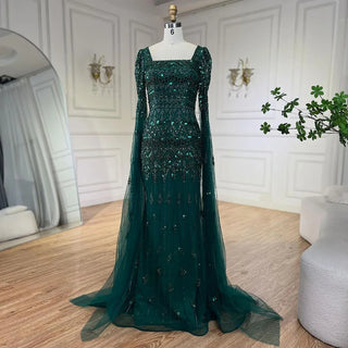 Caramel Mermaid Long Evening Dress with Beaded Cape Sleeves - Elegant Gown for Women's Wedding Party