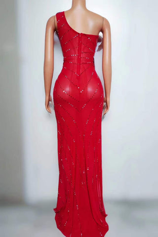 Show-Stopping Asymmetrical Floral Embellished Gown with High Slit