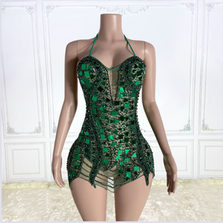 Halter Neck Mini Dress with Mosaic Embellishments and Sheer Illusion Bodice