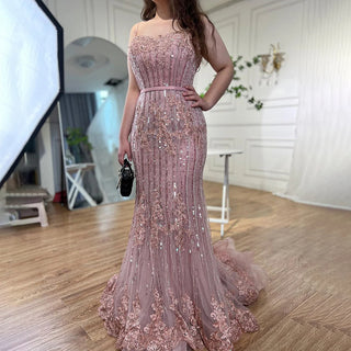 Ships in 1 to 3 Days - Pink Mermaid Sexy Spaghetti Straps Lace Beaded Evening Dress: Elegant Gown for Women's Wedding Party 2024