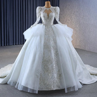 Luxury High Neck Long Sleeve Bridal Puffy Wedding Gown