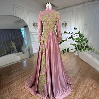 Ships in 1 to 3 Days - Pink Muslim Mermaid Satin Evening Dresses 2024 - Elegant Embroidery, Perfect for Women's Wedding Party