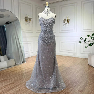 Arabic Silver Strapless Mermaid Evening Gown - Luxury Beaded Pearls and Crystal Embellishments for Women's Party 2024