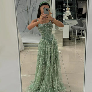 Ships in 2 to 5 Days - 2025 Sage Green Saudi Beaded A-Line Evening Gown with Spaghetti Straps – Customized Elegance