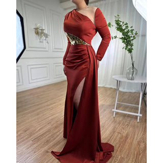 Wine Red Mermaid High Split Satin Evening Gown: Elegant O Neck for Women's Party 2024