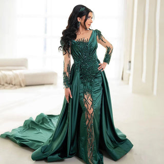 Luxury Dubai Green Mermaid Lace Beaded Satin Evening Dresses Formal Gowns 2024 For Woman Wedding Party