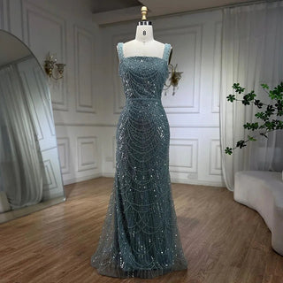 Ships in 1 to 3 Days - Turquoise Mermaid Evening Gown with Beaded Pearls, Spaghetti Straps, and Floor-Length Hem - Women's Party Dress 2024