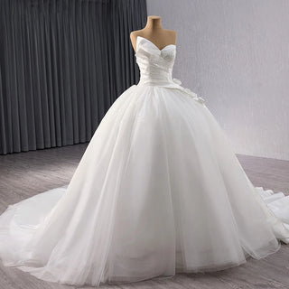 Beach Long Tail Satin Fabric Tulle Wedding Ball Gown Dress