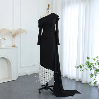 Elegant One Shoulder 3D Flowers and Feathers Black Evening Dress with Long Sleeves, Arabic Mermaid Formal Party Gowns