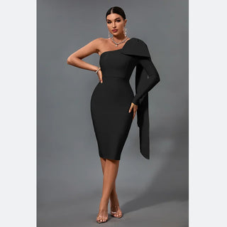 Black One-Shoulder Asymmetric Bodycon Midi Dress for Women 2024