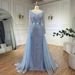 Ready to Ship - Arabic Blue Sweetheart Mermaid Evening Gown Beaded Overskirt - Luxury Dresses for Woman's Wedding Party 2024