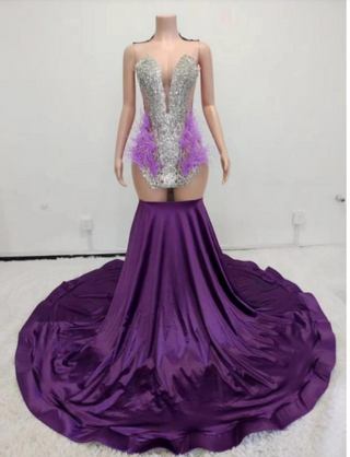 Dazzling Deep V-Neck Gown with Feather Accents and Flowing Train