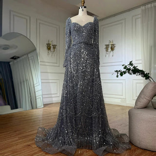 2025 Gray Mermaid Beaded Evening Gown with Overskirt for Formal Occasions.