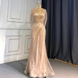 Luxury Gold Mermaid Evening Dress with Beaded Sparkle - Elegant Women's Party Gown 2024