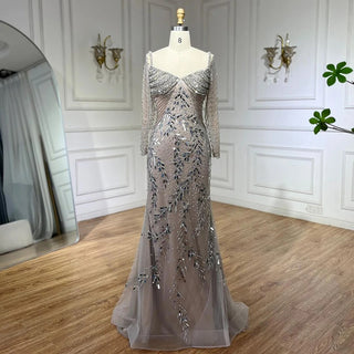 Arabic Silver Nude Mermaid Luxury Beaded Elegant Dubai Evening Dress - Gown for Women's Wedding Party 2024