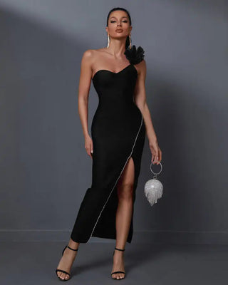 Sexy Black Bandage Dress 2023 - One Shoulder Mesh Strap High Slit Elegant Bodycon Long Cocktail Dress for Ladies