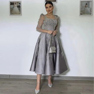 Arabic A-Line Luxury Satin Lace Beaded Gray Midi Tea-Length Evening Dress - Formal Women's Wedding Party