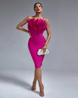 Elegant Slim Fit Strapless Midi Feather Cocktail Dress - Evening Bandage Dress for Women