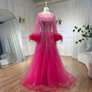 Modest Fuchsia A-Line Luxury Evening Dress with Feather Beading - Women's Wedding Party Gown 2024