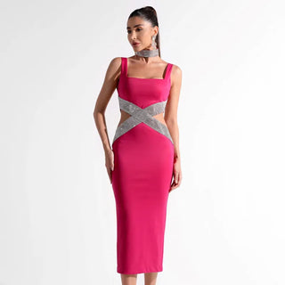 2024 Fashion Elegant Bandage Dress with Rhinestone Square Collar - Sleeveless Hollow Out Sexy Slim Fit Evening Dress