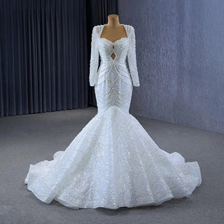 Shiny Backless Long Sleeve Heavy Beaded Mermaid Wedding Dress