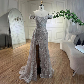 Arabic Silver Nude Mermaid High Split Beaded Luxury Dubai Evening Dress - Women's Wedding Party 2024