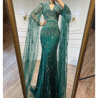 Dubai Designer Green Mermaid Arabic Evening Dress with Cape - Luxury Formal Gown for Women's Wedding Party