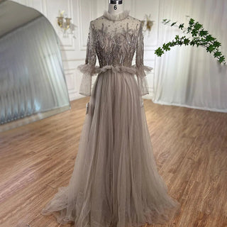 Caramel A-Line Crystal Beaded Evening Dress 2024 with O-Neck and Long Sleeves for Women's Wedding Party