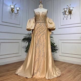 Champagne Luxury Mermaid Evening Dress - Long Gown with Half Puff Sleeves, Elegant for Women's Party