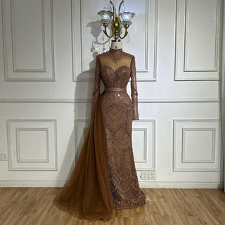 Ships in 2 to 5 Days - Caramel Beaded Mermaid Evening Gown with Side Overskirt – 2025 Custom Design