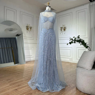 Spaghetti Strap Long Blue Mermaid Beaded Cape with Sleeves Evening Dresses Gowns